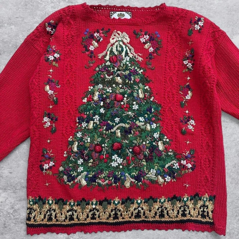Vintage Tiara International 90's Red Christmas Tree Embroidered Sequin Sweater